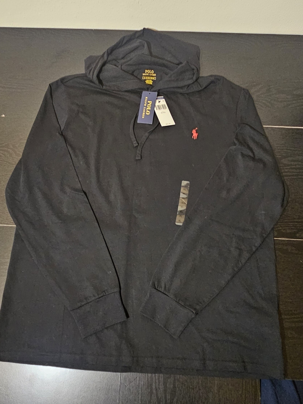 Ralph Lauren Black Hooded Long-Sleeve Shirt with Red Pony